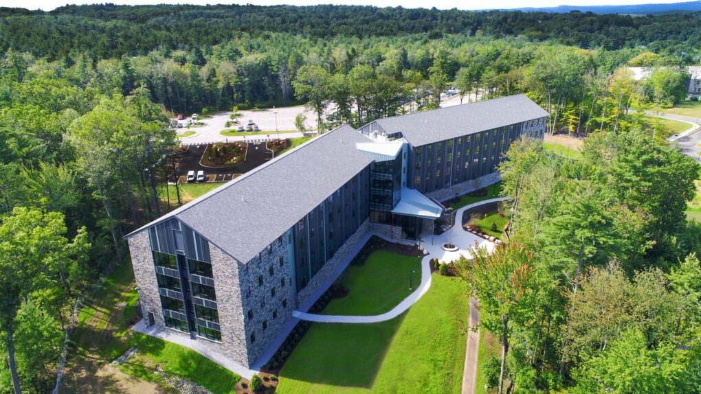 Aerial shot of Monadnock Hall at Southern New Hampshire University