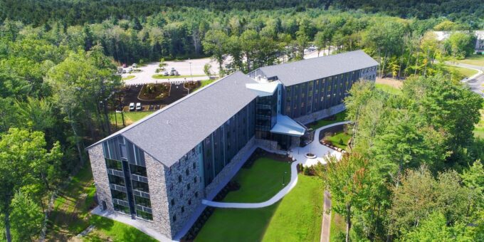 Aerial shot of Monadnock Hall at Southern New Hampshire University