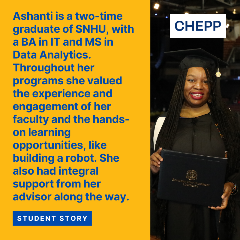 On the right SNHU graduate in regalia and on the left blue text on top of yellow background
