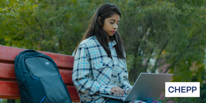 Student sitting on a park bench using a laptop outdoors, with a backpack beside them and the CHEPP logo displayed in the corner.